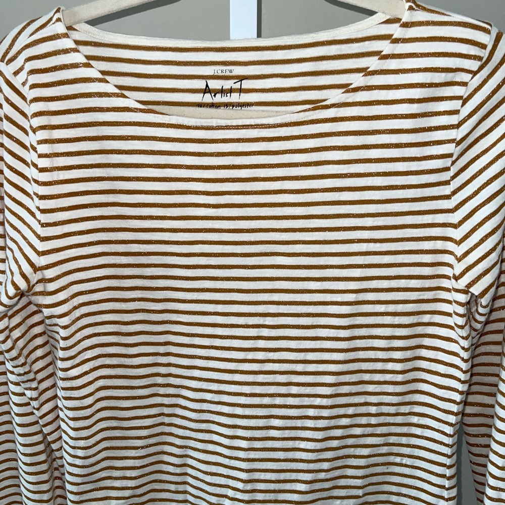 J. Crew Gold Metallic White Striped Long Sleeve Tee Boat Neck Lightweight - Picture 4 of 5